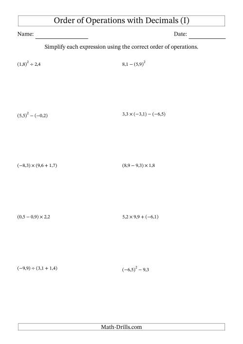 The Order of Operations with Negative and Positive Decimals (Two Steps; Comma Decimal Format) (I) Math Worksheet