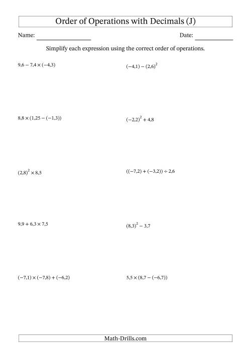 The Order of Operations with Negative and Positive Decimals (Two Steps; Comma Decimal Format) (J) Math Worksheet