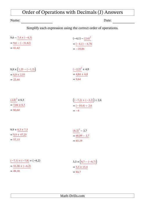 The Order of Operations with Negative and Positive Decimals (Two Steps; Comma Decimal Format) (J) Math Worksheet Page 2