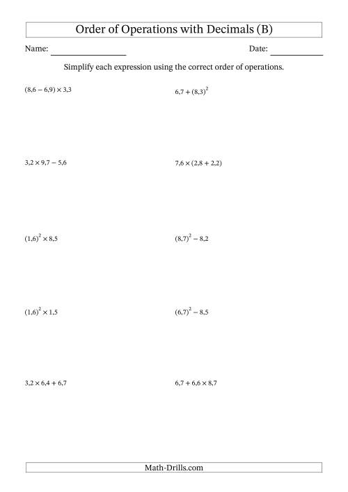 The Order of Operations with Positive Decimals (Two Steps; Comma Decimal Format) (B) Math Worksheet