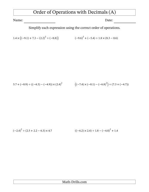 The Order of Operations with Negative and Positive Decimals (Five Steps) (A) Math Worksheet