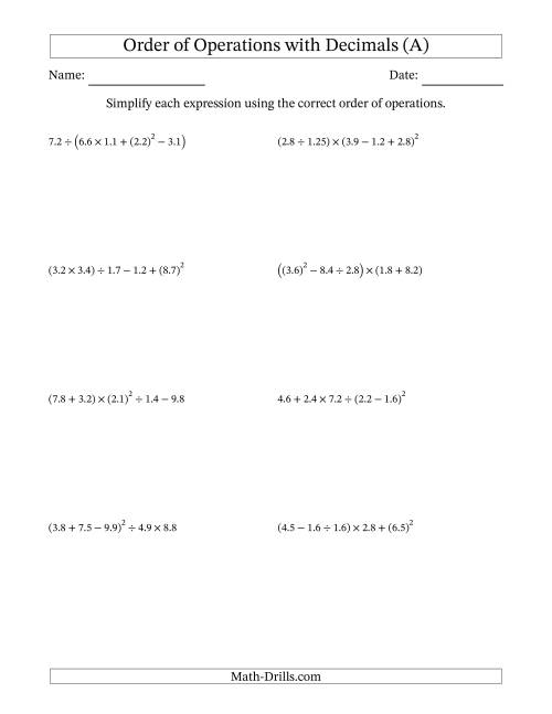 The Order of Operations with Positive Decimals (Five Steps) (A) Math Worksheet