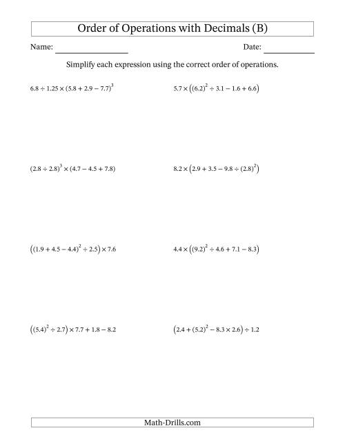 The Order of Operations with Positive Decimals (Five Steps) (B) Math Worksheet