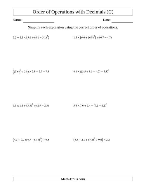 The Order of Operations with Positive Decimals (Five Steps) (C) Math Worksheet