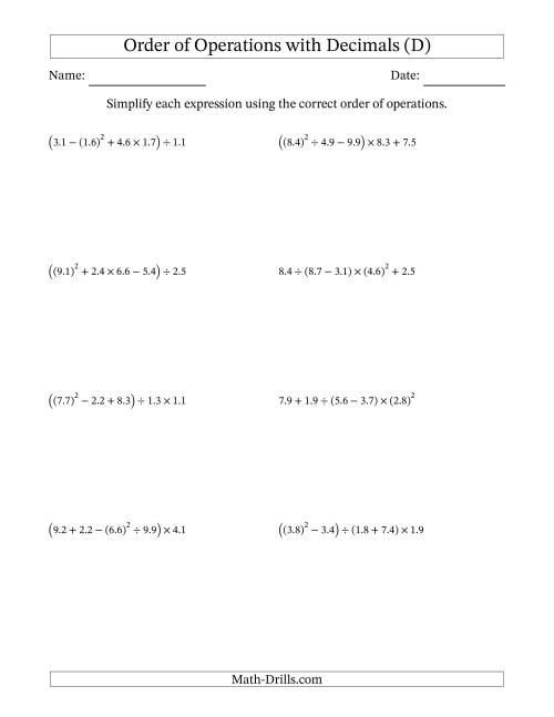 The Order of Operations with Positive Decimals (Five Steps) (D) Math Worksheet