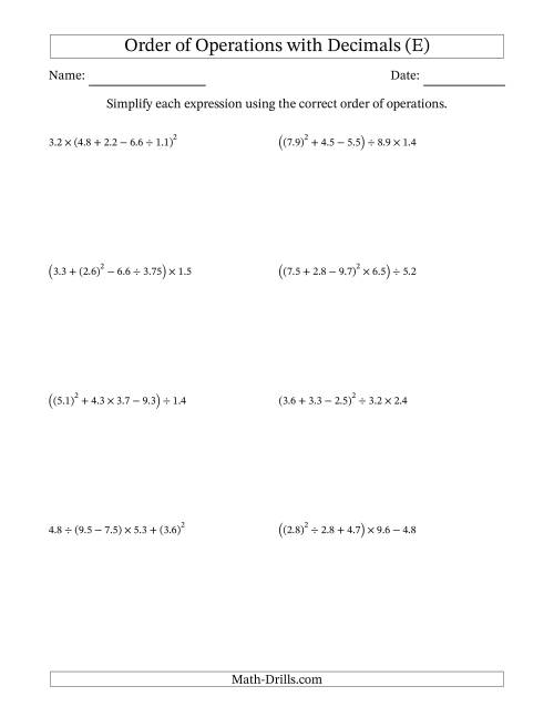 The Order of Operations with Positive Decimals (Five Steps) (E) Math Worksheet