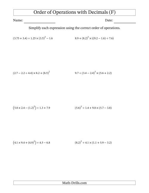 The Order of Operations with Positive Decimals (Five Steps) (F) Math Worksheet