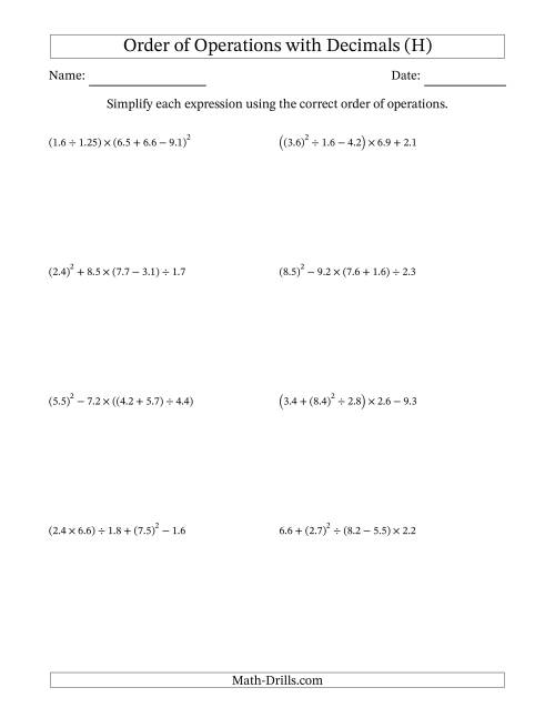 The Order of Operations with Positive Decimals (Five Steps) (H) Math Worksheet