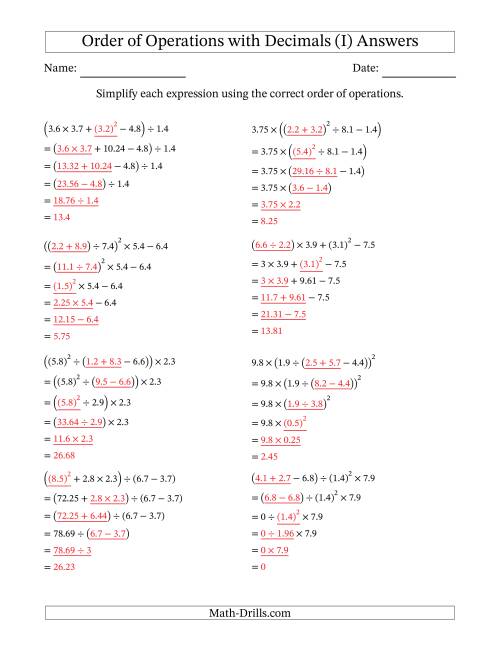 The Order of Operations with Positive Decimals (Five Steps) (I) Math Worksheet Page 2