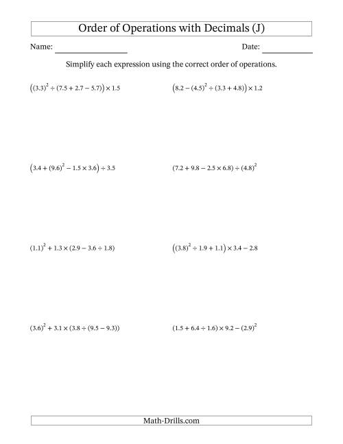 The Order of Operations with Positive Decimals (Five Steps) (J) Math Worksheet