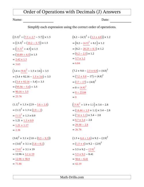 The Order of Operations with Positive Decimals (Five Steps) (J) Math Worksheet Page 2
