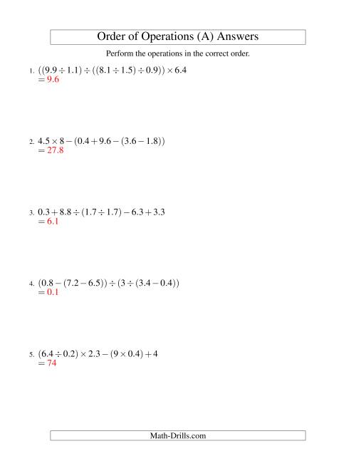 The Decimals Order of Operations -- Five Steps (Old) Math Worksheet Page 2