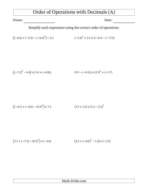 The Order of Operations with Negative and Positive Decimals (Four Steps) (A) Math Worksheet
