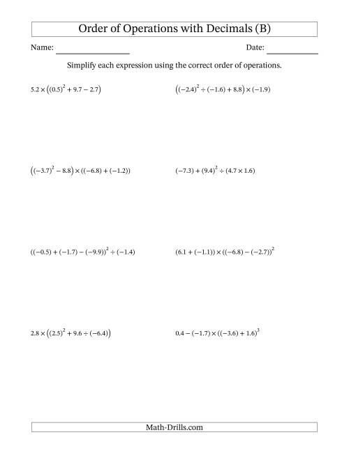 The Order of Operations with Negative and Positive Decimals (Four Steps) (B) Math Worksheet