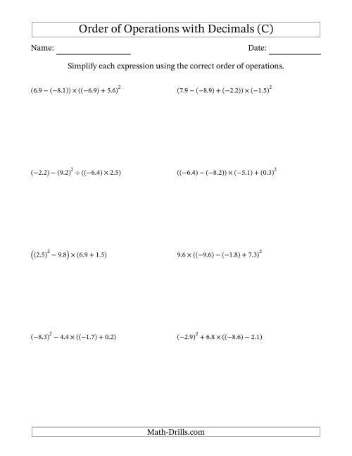 The Order of Operations with Negative and Positive Decimals (Four Steps) (C) Math Worksheet