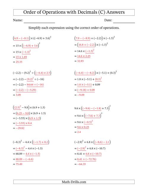 The Order of Operations with Negative and Positive Decimals (Four Steps) (C) Math Worksheet Page 2