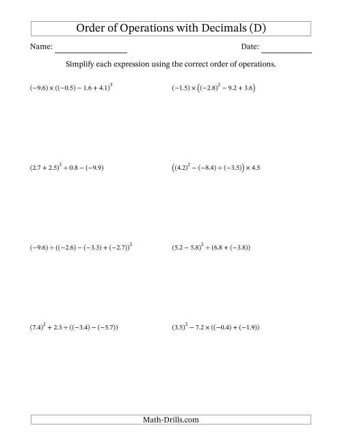 The Order of Operations with Negative and Positive Decimals (Four Steps) (D) Math Worksheet
