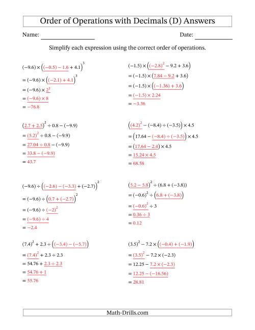 The Order of Operations with Negative and Positive Decimals (Four Steps) (D) Math Worksheet Page 2