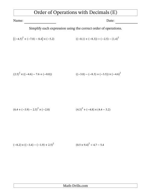 The Order of Operations with Negative and Positive Decimals (Four Steps) (E) Math Worksheet