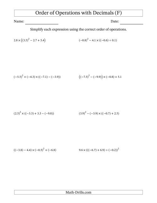 The Order of Operations with Negative and Positive Decimals (Four Steps) (F) Math Worksheet