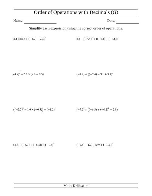 The Order of Operations with Negative and Positive Decimals (Four Steps) (G) Math Worksheet