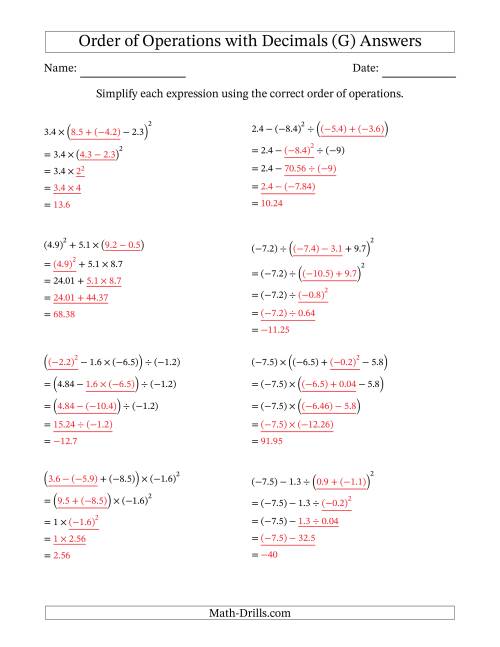 The Order of Operations with Negative and Positive Decimals (Four Steps) (G) Math Worksheet Page 2