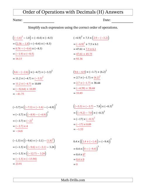 The Order of Operations with Negative and Positive Decimals (Four Steps) (H) Math Worksheet Page 2