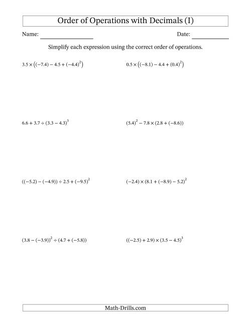 The Order of Operations with Negative and Positive Decimals (Four Steps) (I) Math Worksheet