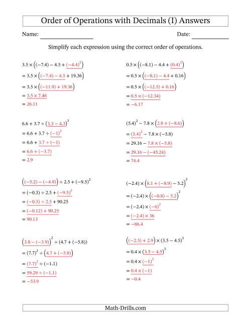 The Order of Operations with Negative and Positive Decimals (Four Steps) (I) Math Worksheet Page 2