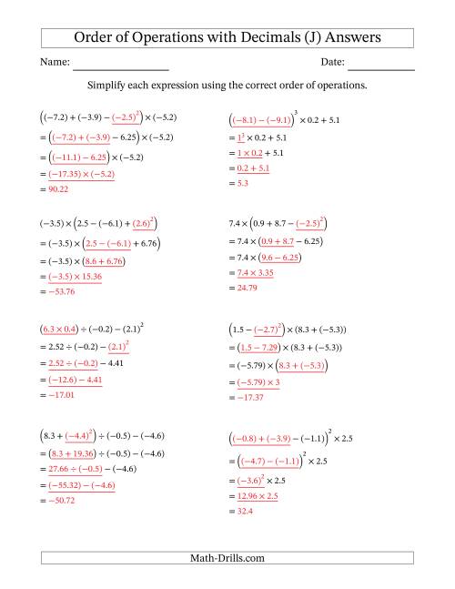 The Order of Operations with Negative and Positive Decimals (Four Steps) (J) Math Worksheet Page 2