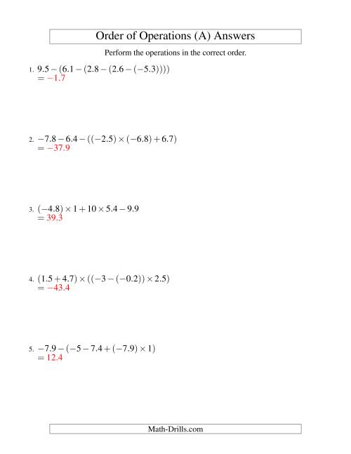 The Decimals Order of Operations -- Four Steps Including Negative Decimals (Old) Math Worksheet Page 2