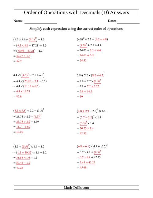 The Order of Operations with Positive Decimals (Four Steps) (D) Math Worksheet Page 2