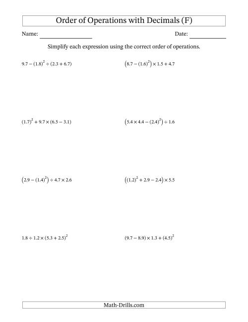 The Order of Operations with Positive Decimals (Four Steps) (F) Math Worksheet
