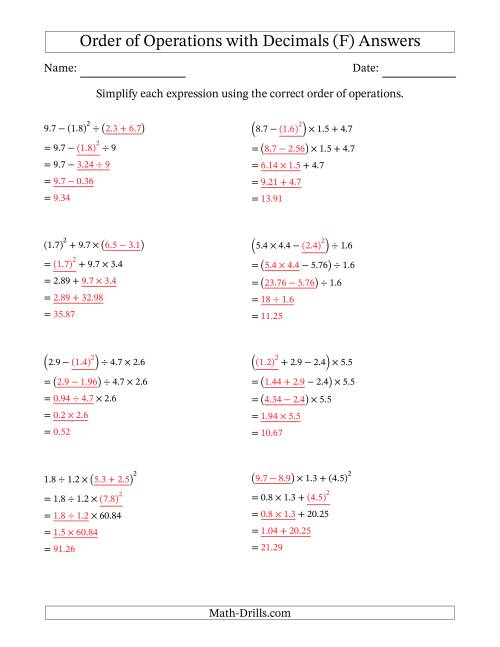 The Order of Operations with Positive Decimals (Four Steps) (F) Math Worksheet Page 2