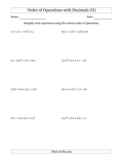 The Order of Operations with Positive Decimals (Four Steps) (H) Math Worksheet