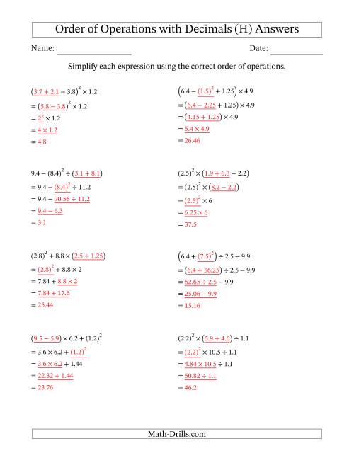 The Order of Operations with Positive Decimals (Four Steps) (H) Math Worksheet Page 2
