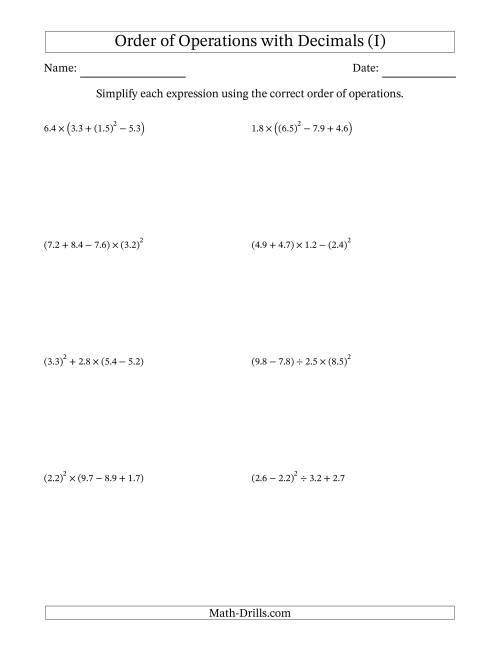 The Order of Operations with Positive Decimals (Four Steps) (I) Math Worksheet