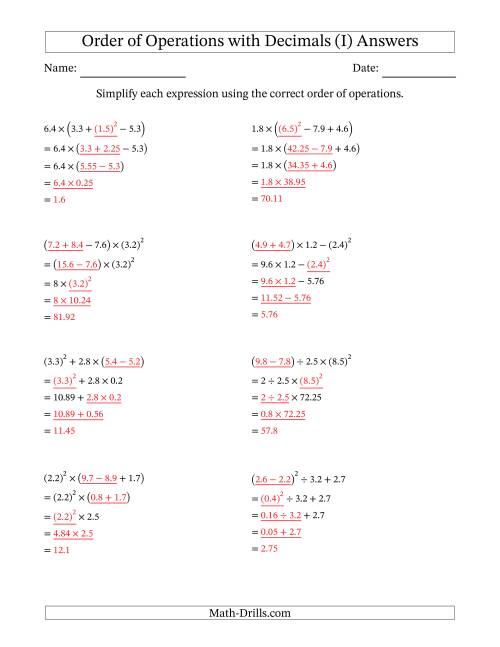 The Order of Operations with Positive Decimals (Four Steps) (I) Math Worksheet Page 2