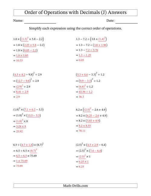 The Order of Operations with Positive Decimals (Four Steps) (J) Math Worksheet Page 2