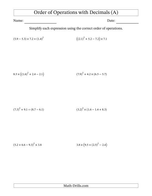 The Order of Operations with Positive Decimals (Four Steps) (All) Math Worksheet
