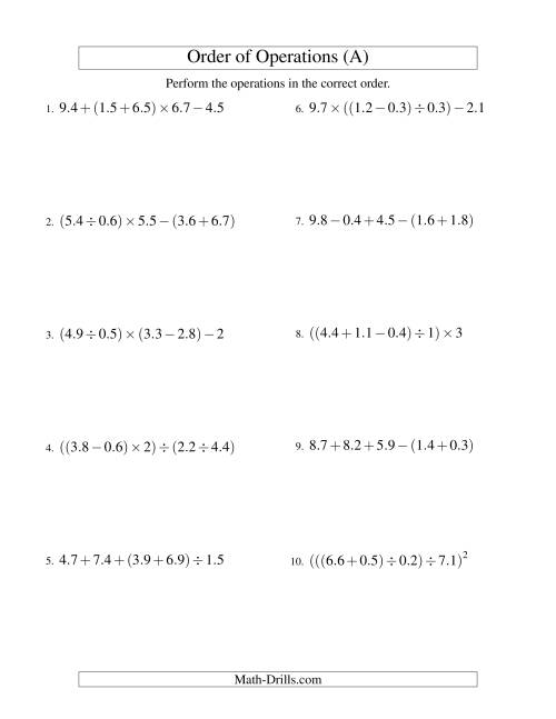 The Decimals Order of Operations -- Four Steps (Old) Math Worksheet