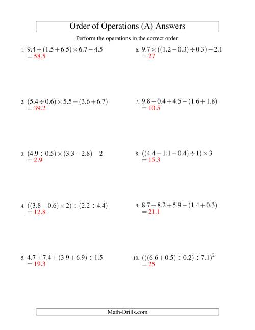 The Decimals Order of Operations -- Four Steps (Old) Math Worksheet Page 2