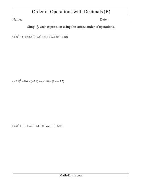 The Order of Operations with Negative and Positive Decimals (Six Steps) (B) Math Worksheet