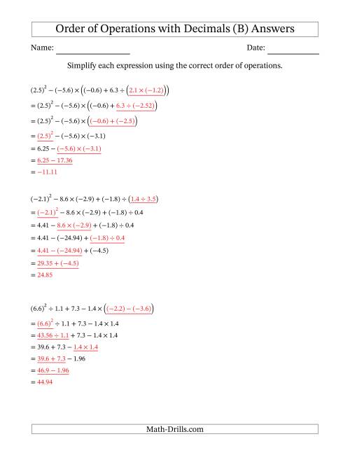 The Order of Operations with Negative and Positive Decimals (Six Steps) (B) Math Worksheet Page 2