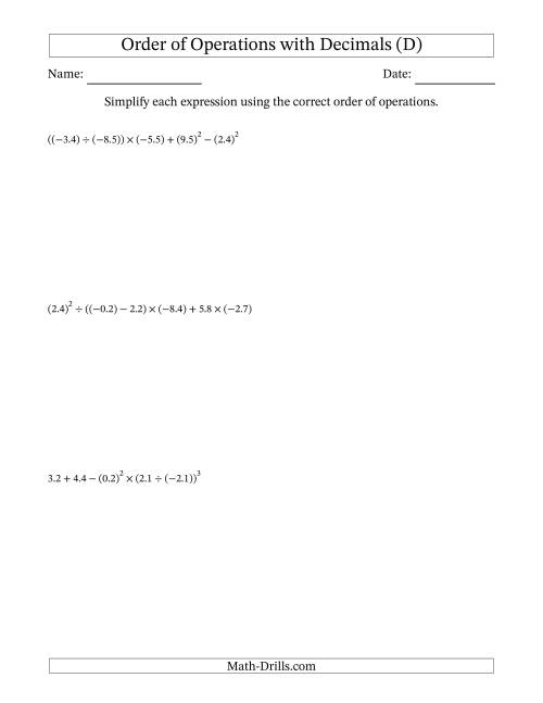 The Order of Operations with Negative and Positive Decimals (Six Steps) (D) Math Worksheet