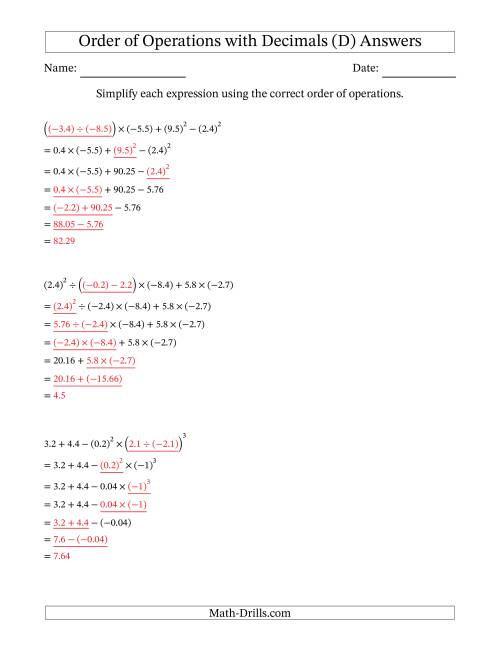 The Order of Operations with Negative and Positive Decimals (Six Steps) (D) Math Worksheet Page 2