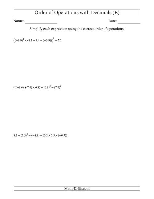 The Order of Operations with Negative and Positive Decimals (Six Steps) (E) Math Worksheet