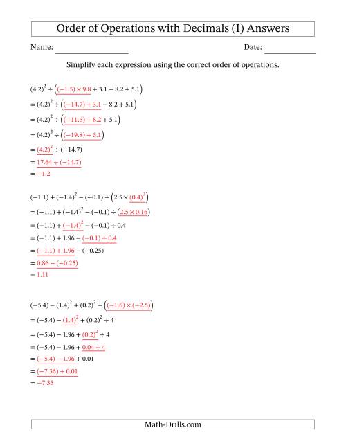 The Order of Operations with Negative and Positive Decimals (Six Steps) (I) Math Worksheet Page 2