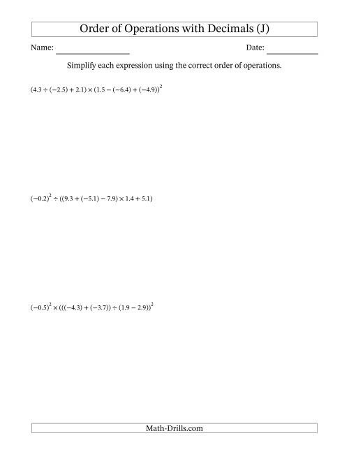 The Order of Operations with Negative and Positive Decimals (Six Steps) (J) Math Worksheet