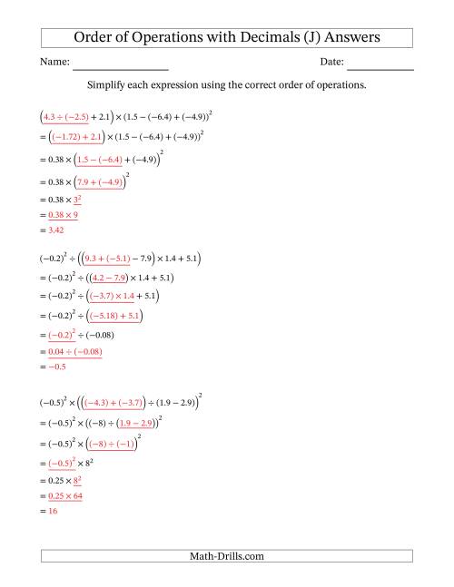 The Order of Operations with Negative and Positive Decimals (Six Steps) (J) Math Worksheet Page 2